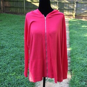 Cute hooded two way zipper fine gauge sweater